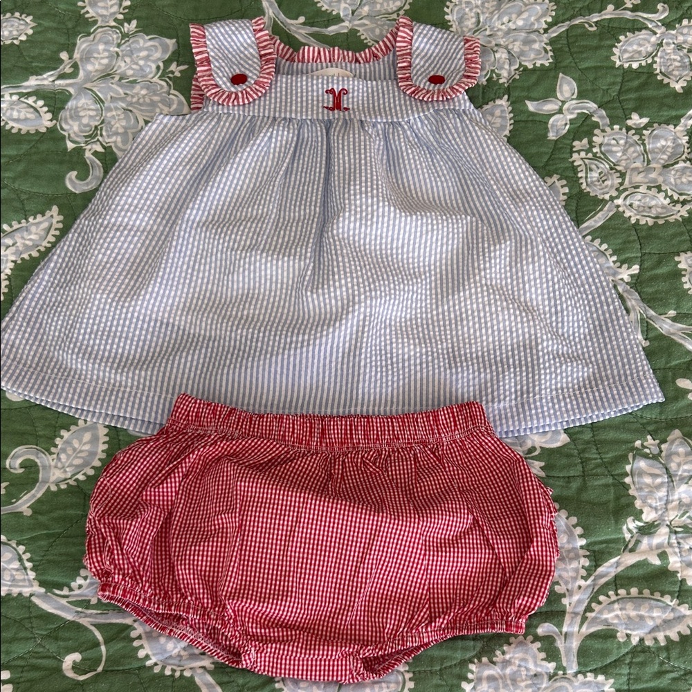 Cecil and Lou Blue Seersucker M monogram Top and Classic Whimsy Gingham Bottoms